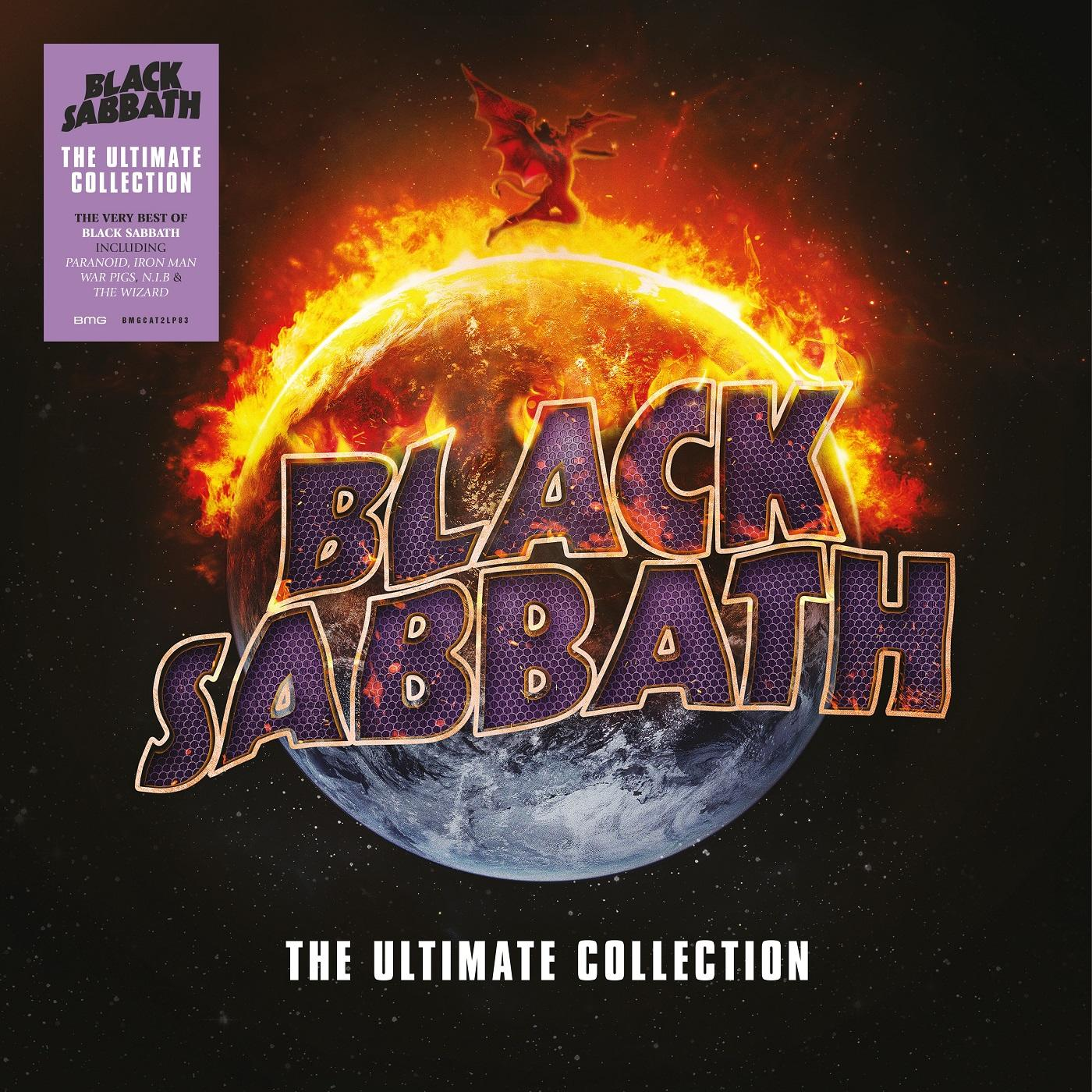 Albumhoes voor Black Sabbath's "The Ultimate Collection". Toont een vurige planeet, een vleermuisachtige figuur en het logo van de band.