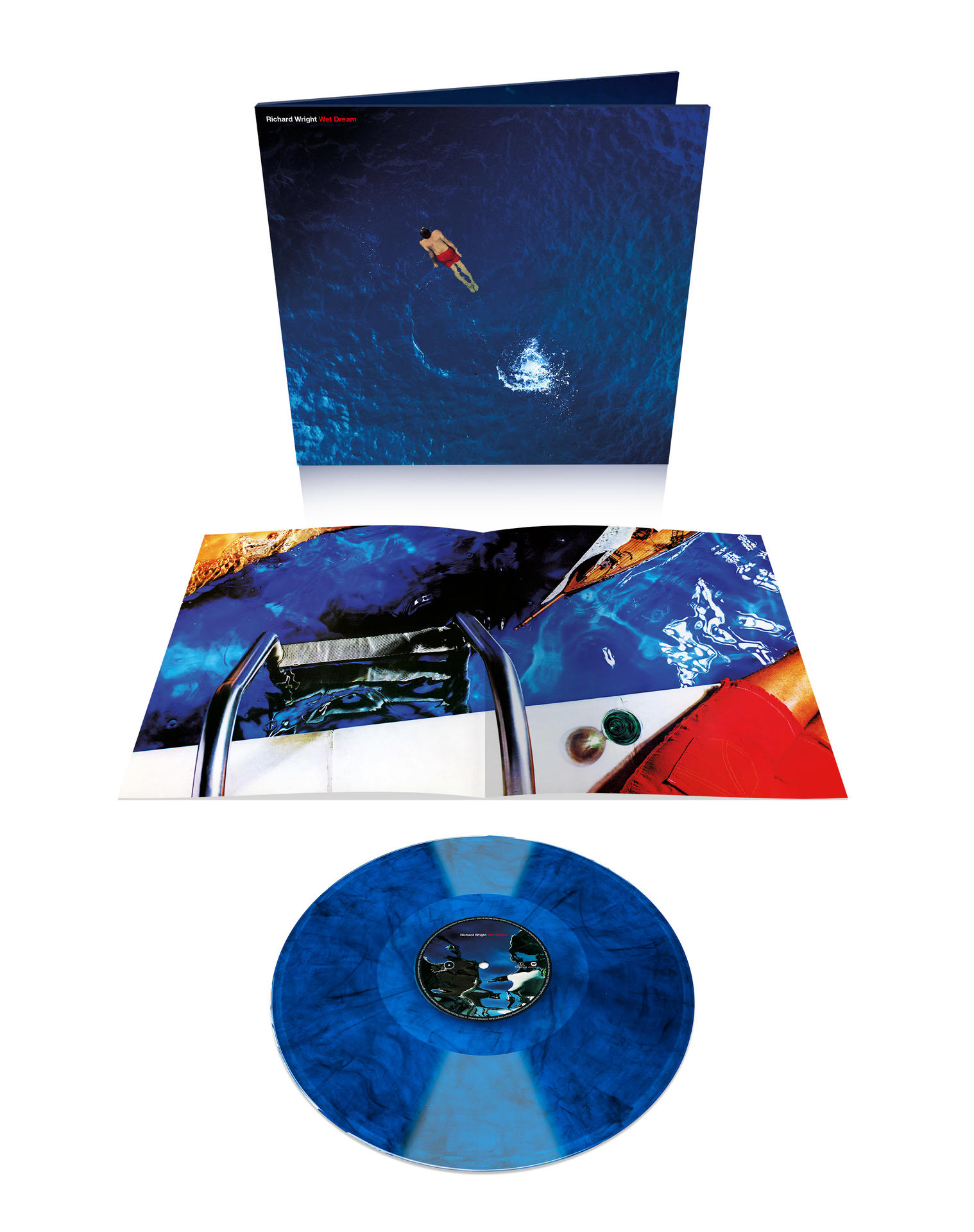 Albumcover und Vinyl-Schallplatte, zeigt eine Person im Wasser, Platte ist blau.