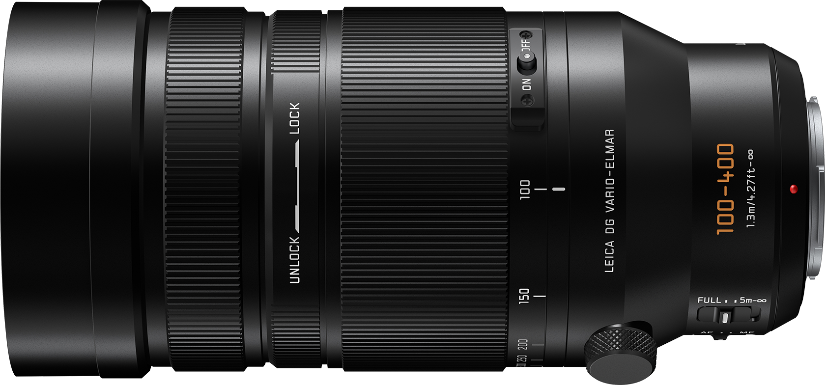 Objectif Leica DG Vario-Elmar 100-400mm noir avec bague de mise au point et interrupteurs.