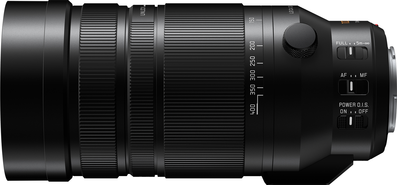 Objectif de caméra noir avec bagues de zoom, interrupteurs et marquages de distance focale.