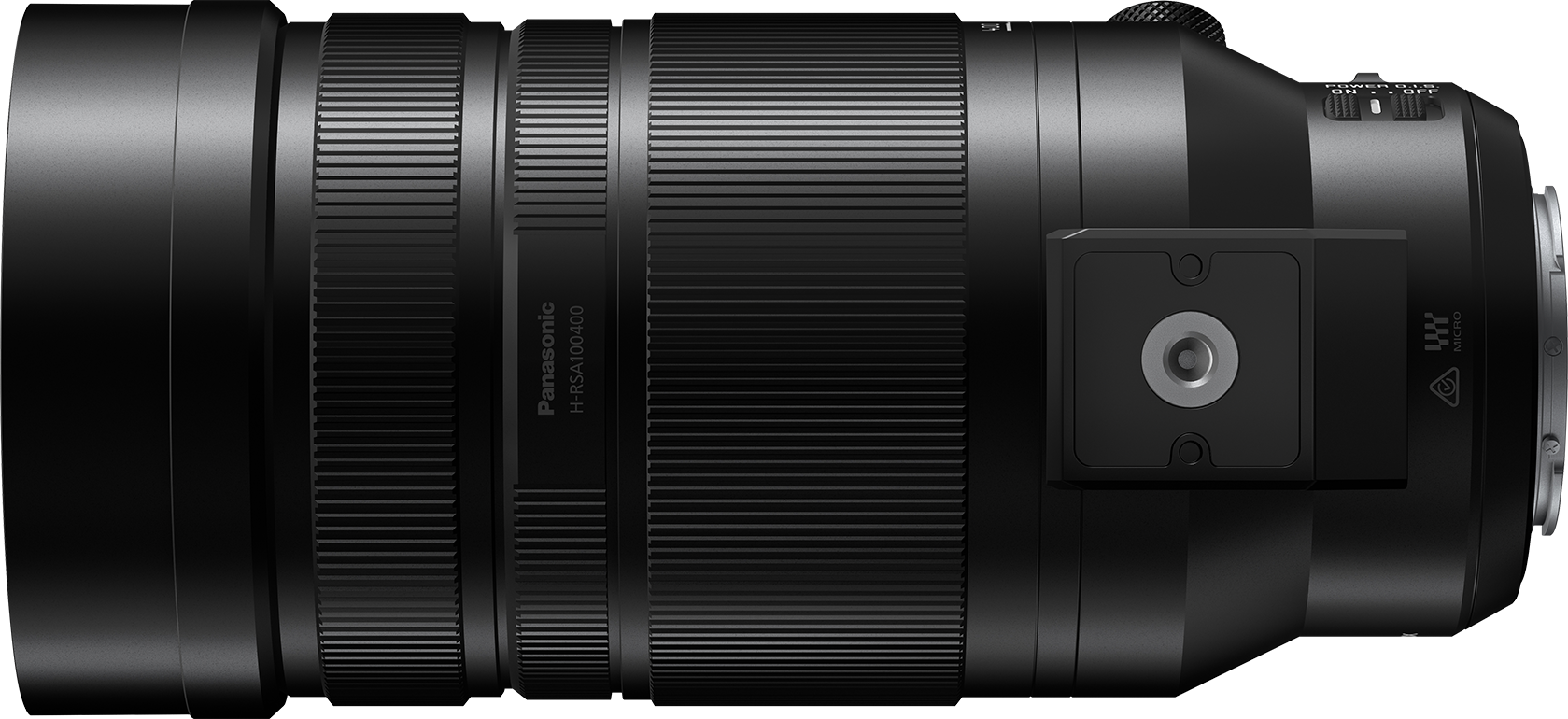 Objectif Panasonic H-RSA100400 noir avec bague de mise au point et interrupteur.