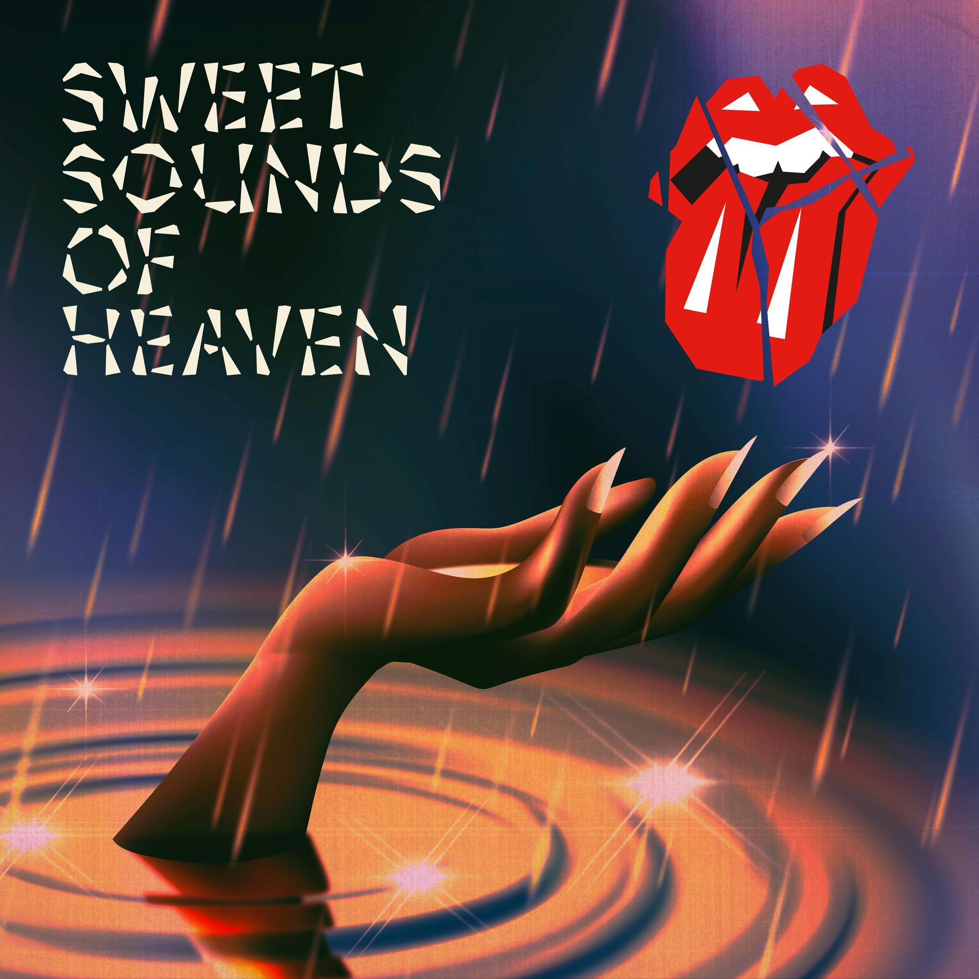 Ein künstlerisches Bild mit einer nach oben ausgestreckten Hand, einem roten Zungenlogo und den Worten „SWEET SOUNDS OF HEAVEN“.