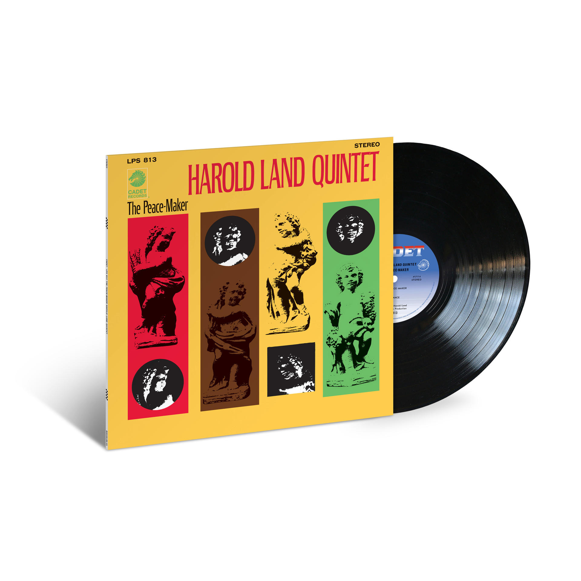 Schallplatte von Harold Land Quintet, 'The Peace-Maker'. Das Cover ist gelb mit Kunstwerken und Text.