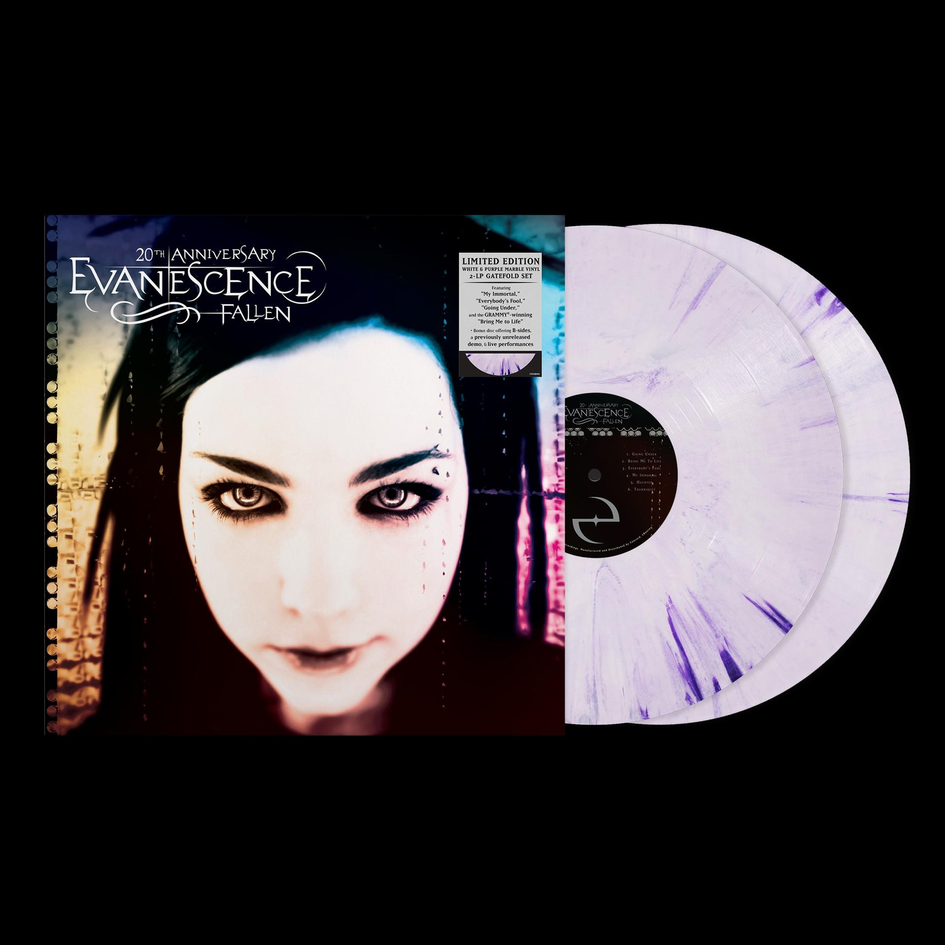 Albumcover von Evanescence's Fallen. Es zeigt ein Frauengesicht und zwei lilafarbene Vinyls.
