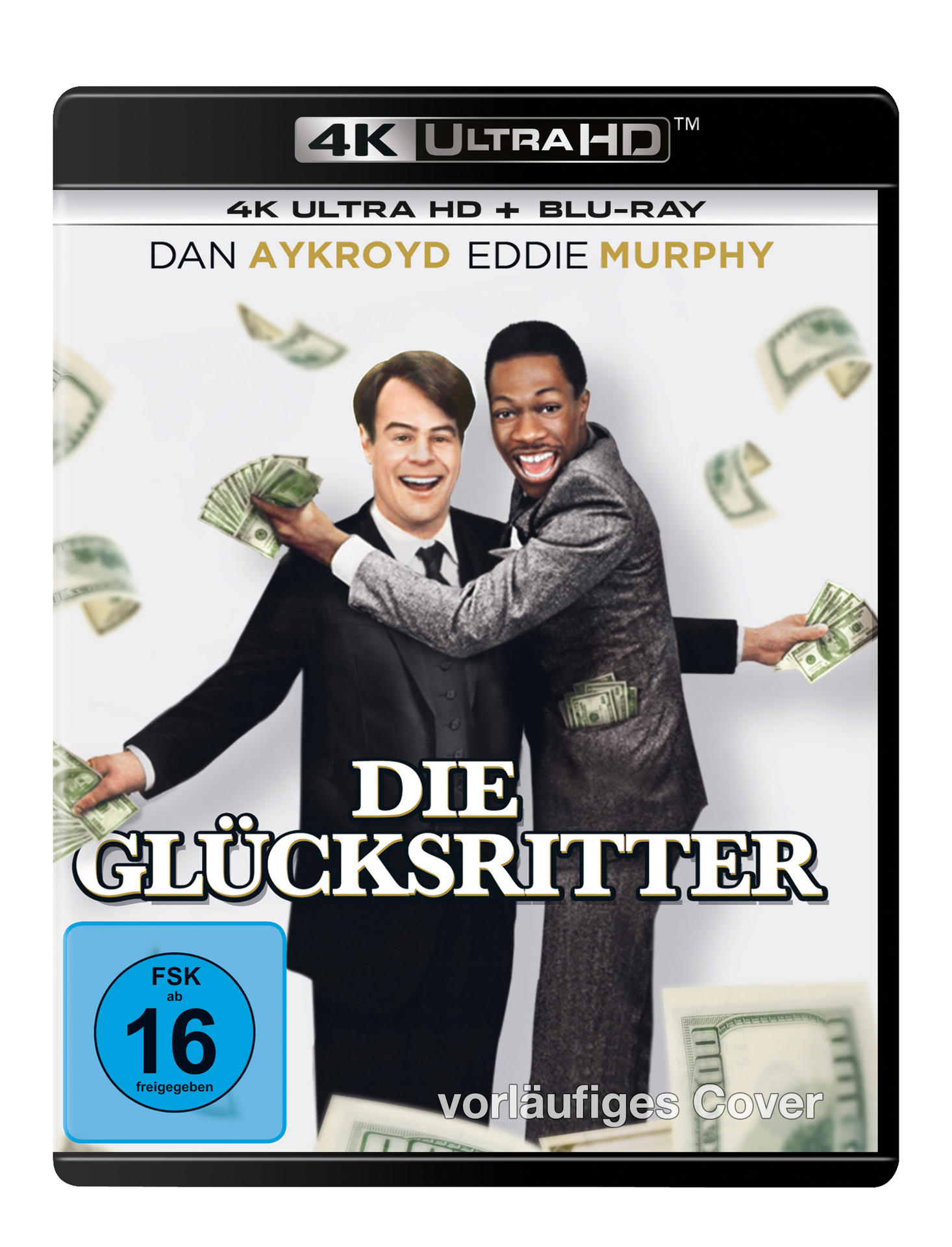 Filmcover mit zwei Männern, die Geld halten. Der Titel ist auf Deutsch, der Film heißt 'Die Glücksritter'.
