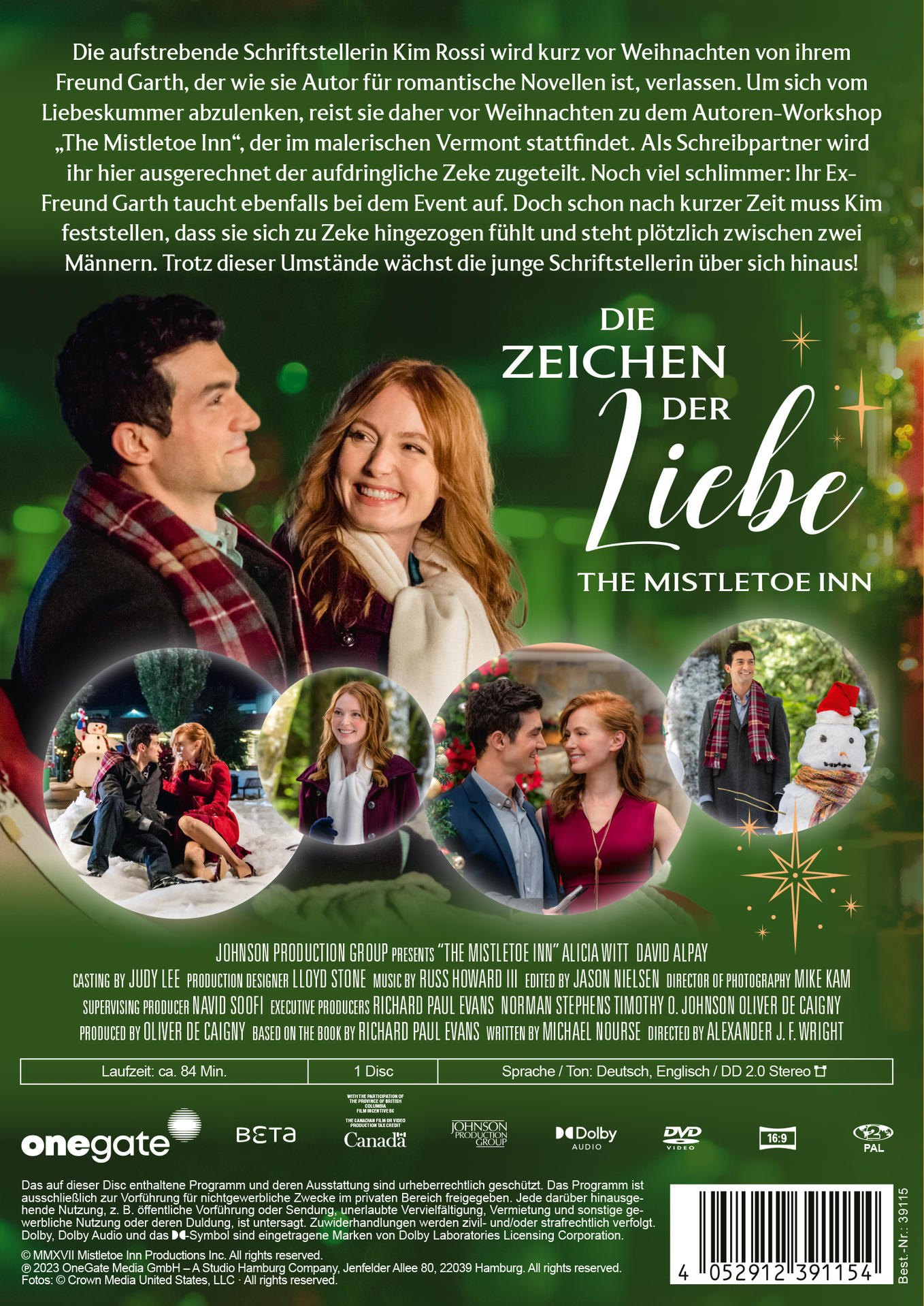DVD-Cover des Films 'The Mistletoe Inn' mit Schauspielern, Titel und Weihnachtsszene.