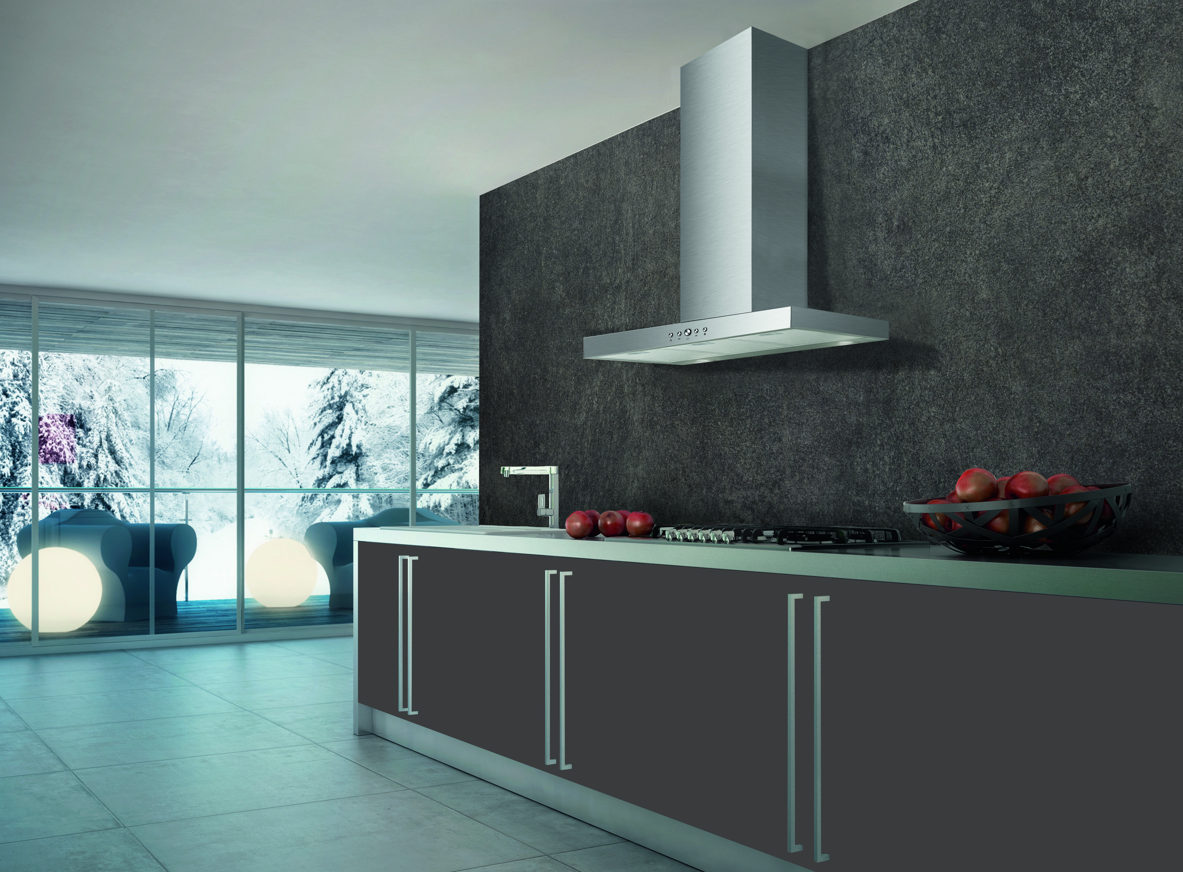 Cocina moderna con campana de acero inoxidable. Armarios marrón oscuro. Ventanas con vista nevada.