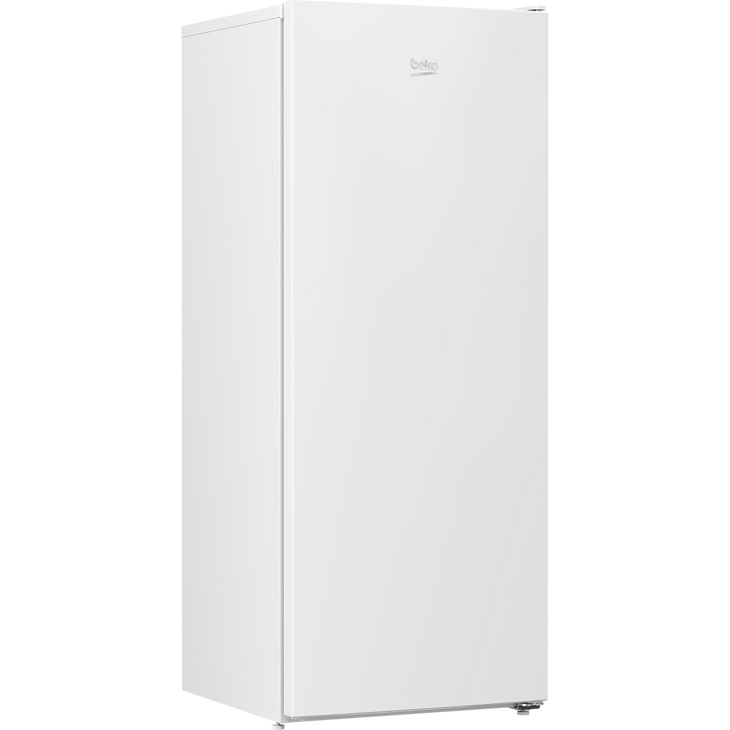 A tall, white Beko refrigerator. The Beko logo is at the top.
