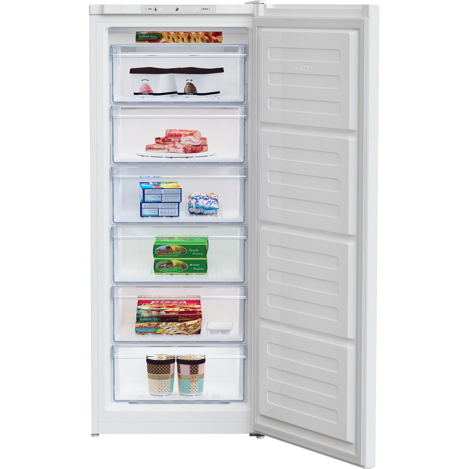 White freezer with open door. Inside are drawers with frozen food. The freezer is on a white background.