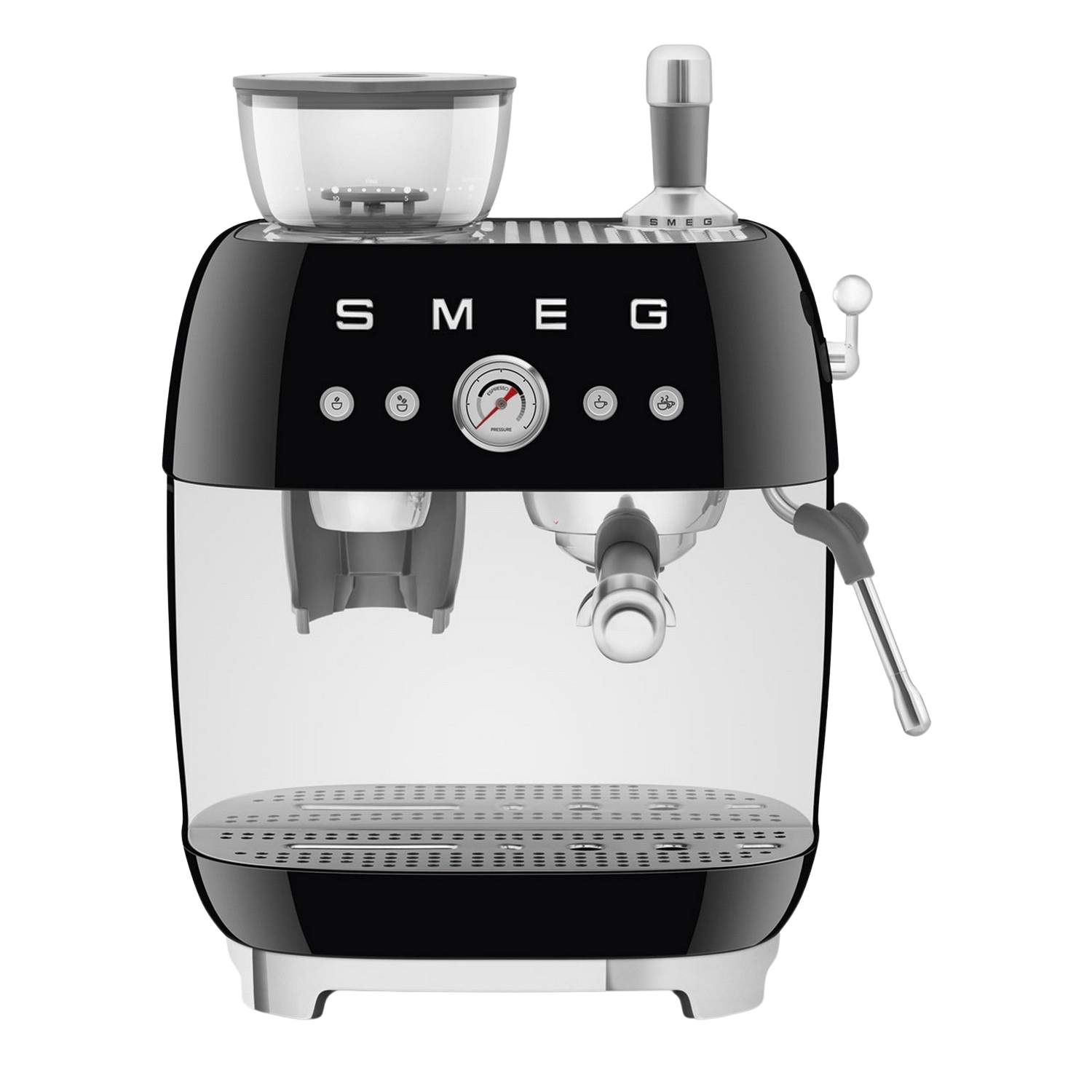 Zwarte en chromen SMEG espressomachine met een doorzichtig waterreservoir en grinder.