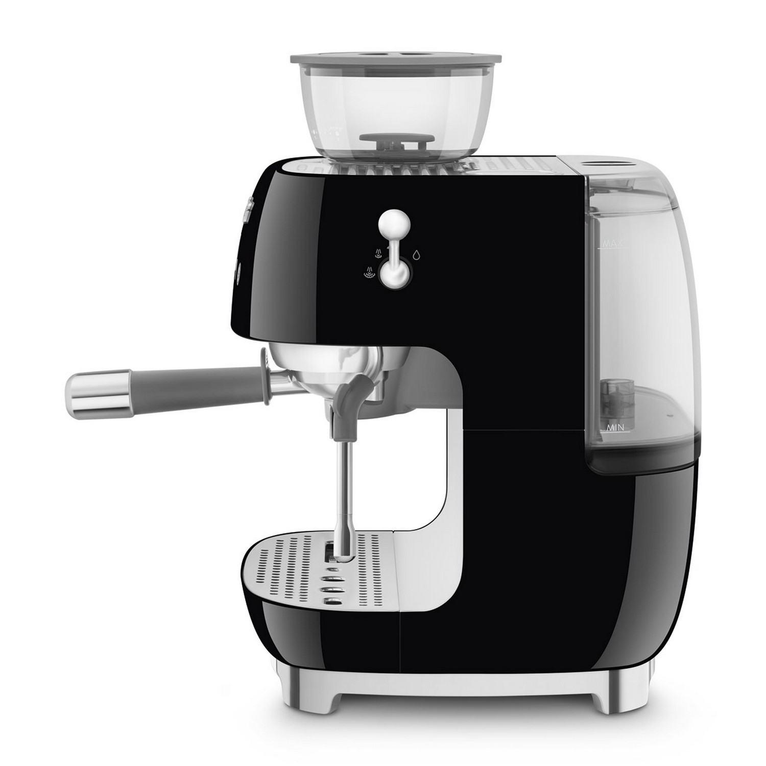 Zwarte espressomachine met een molen bovenop. Het waterreservoir is zichtbaar.
