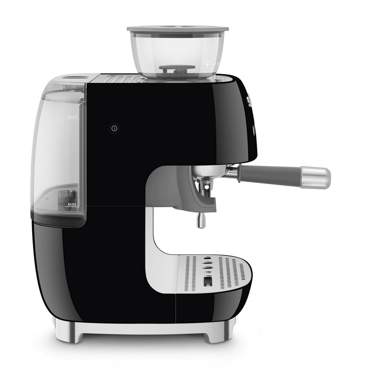 Een zwarte en zilveren espressomachine met een watertank, bonenmaler en een portafilter.