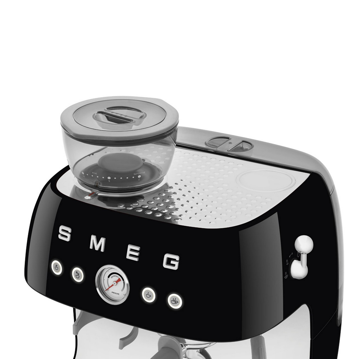 Zwarte en zilveren espressomachine, met een doorzichtige bonencontainer erop. Witte achtergrond.