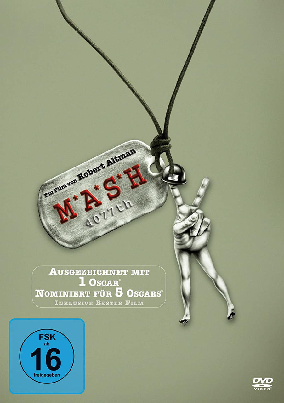M*A*S*H DVD-Cover. Erkennungsmarke mit Friedenszeichen. Grüner Hintergrund mit Text und Logo.