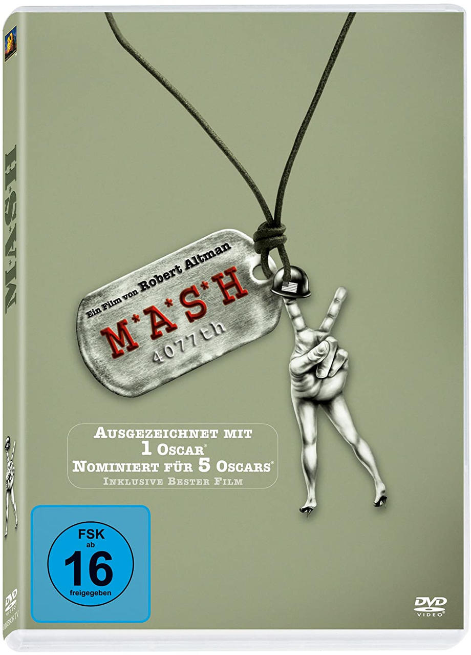 DVD-Hülle für den Film 'MASH'. Militärische Erkennungsmarke und Handgeste.