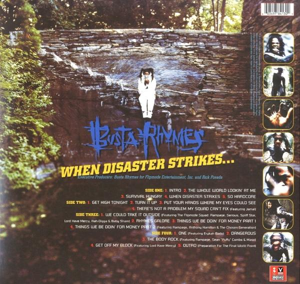 Pochette d'album avec le nom de Busta Rhymes et la liste des titres sur un mur de pierre.