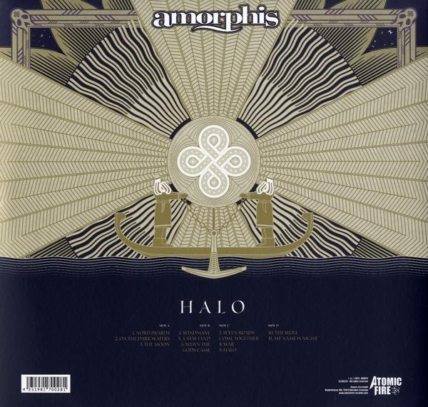 Albumcover: Gold- und Marineblau-Design mit dem Wort Amorphis, Albumtitel Halo und Titelliste.