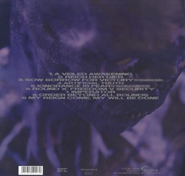 Albumcover mit verschwommenem Gesicht und Text mit Songtiteln.