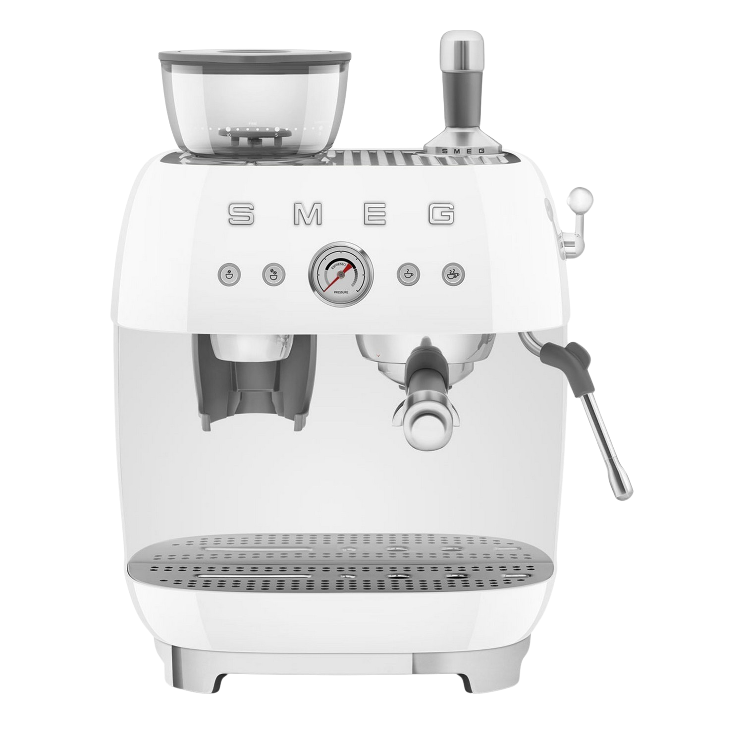 Machine à expresso SMEG blanche avec broyeur et réservoir d'eau transparent.