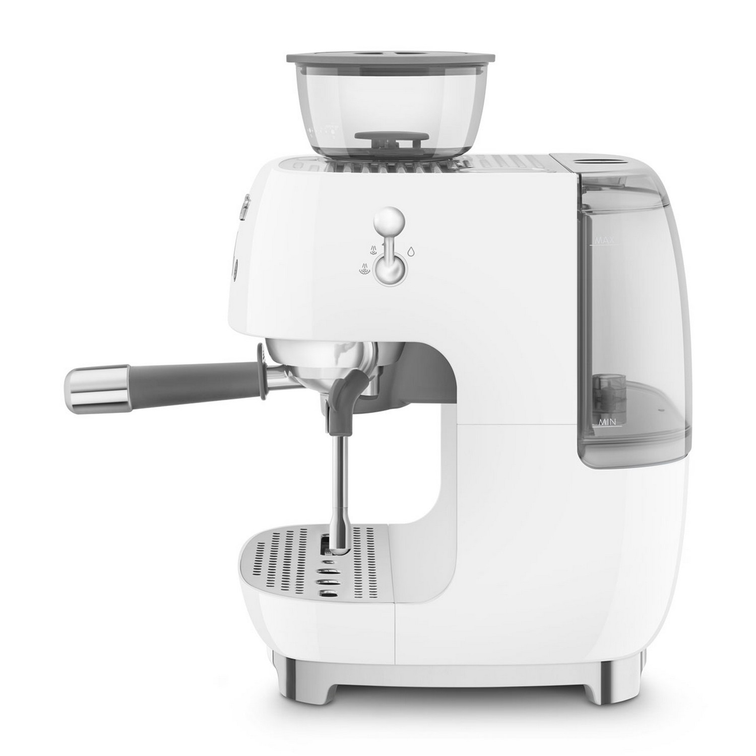 Machine à expresso blanche avec un broyeur et un réservoir d'eau.