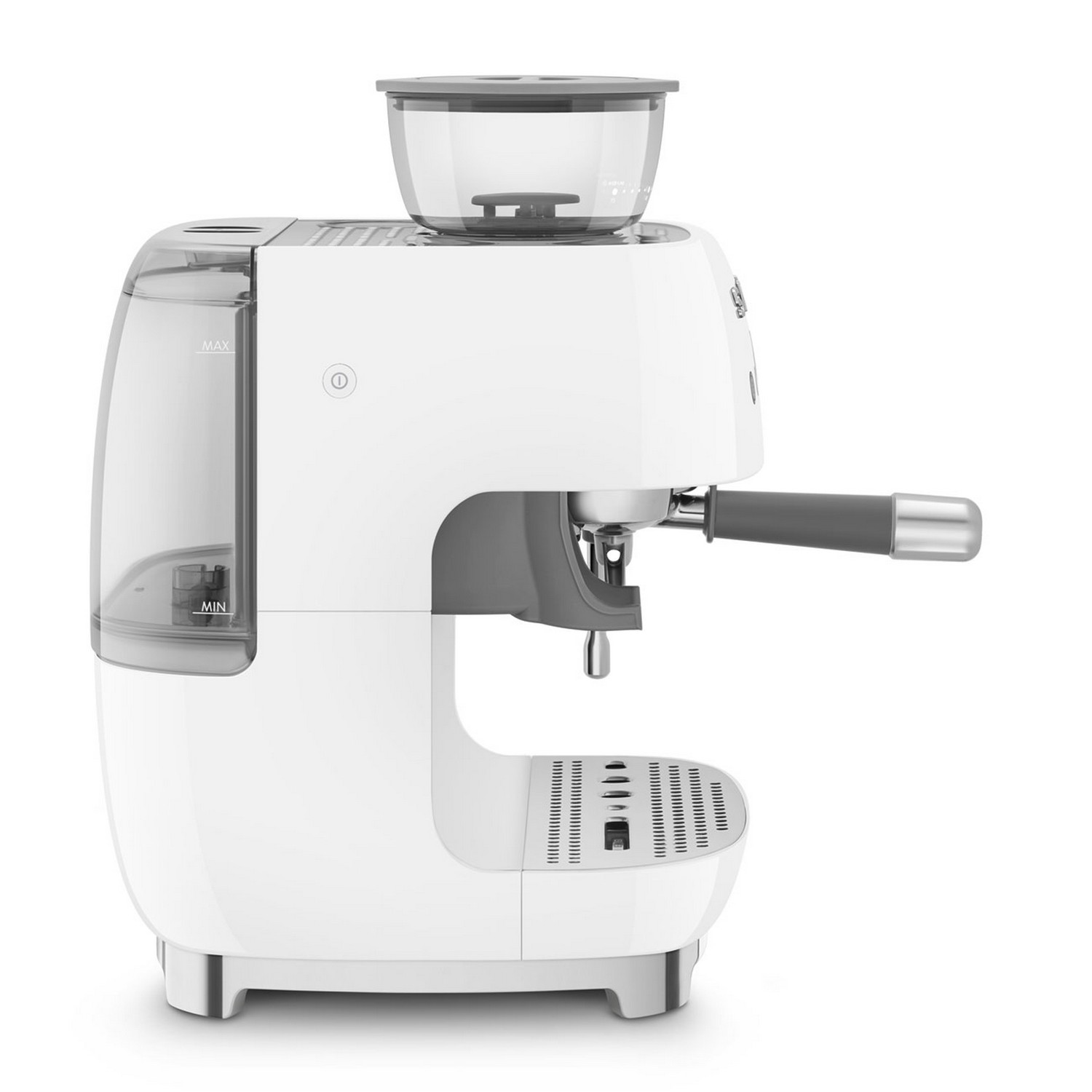 Machine à expresso blanche avec broyeur, détails gris et réservoir d'eau.