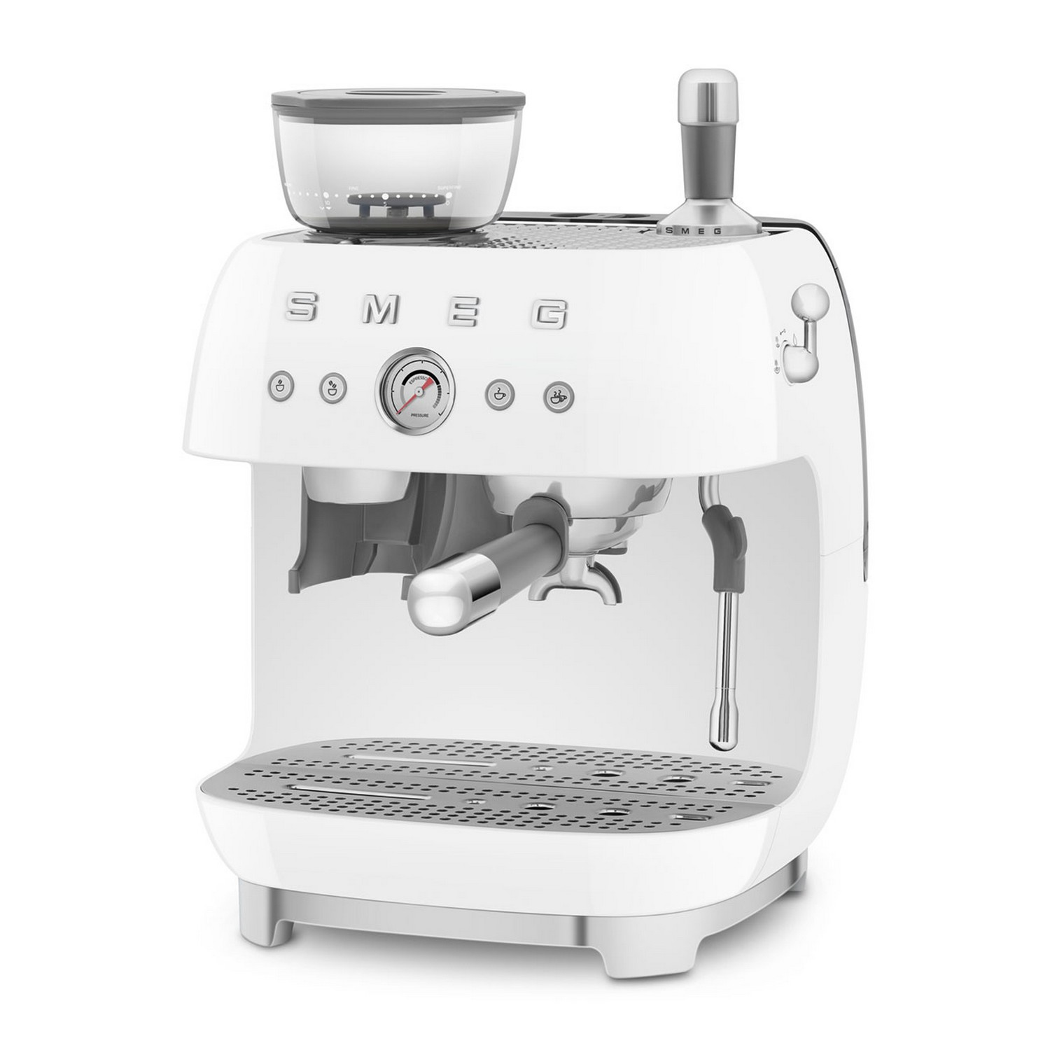 Machine à expresso SMEG blanche avec un broyeur sur le dessus, isolée sur fond blanc.