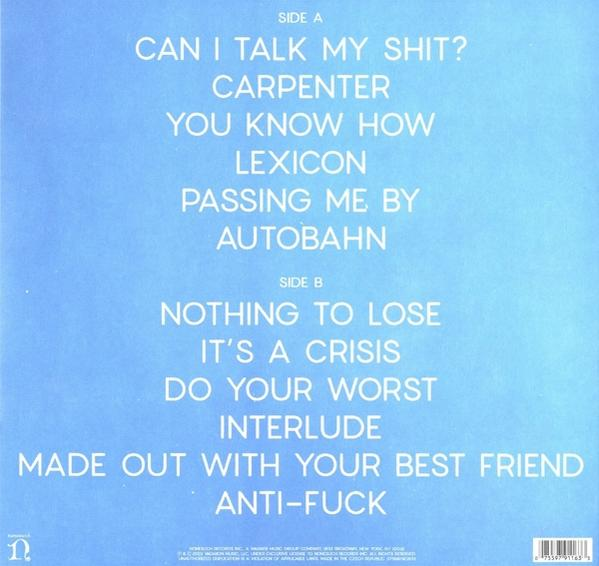 Albumcover. Die Titelliste befindet sich auf blauem Hintergrund. Seite A und B sind beschriftet.