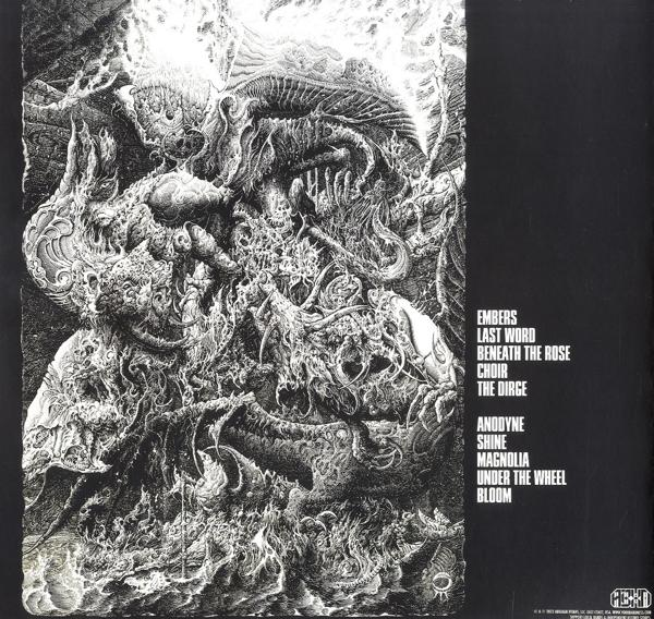 Eine detaillierte Schwarz-Weiß-Illustration mit Text, der die Titelliste eines Albums zeigt.
