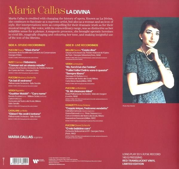 Albumcover von Maria Callas, betitelt 'La Divina'. Enthält ein Foto der Sängerin und das Tracklisting.