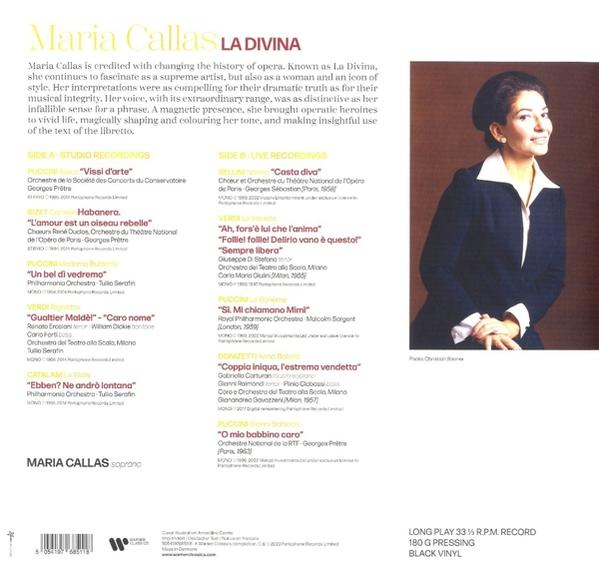 Maria Callas Albumcover. Ein Schwarzweißfoto von Maria Callas, Text über sie und Titelliste.