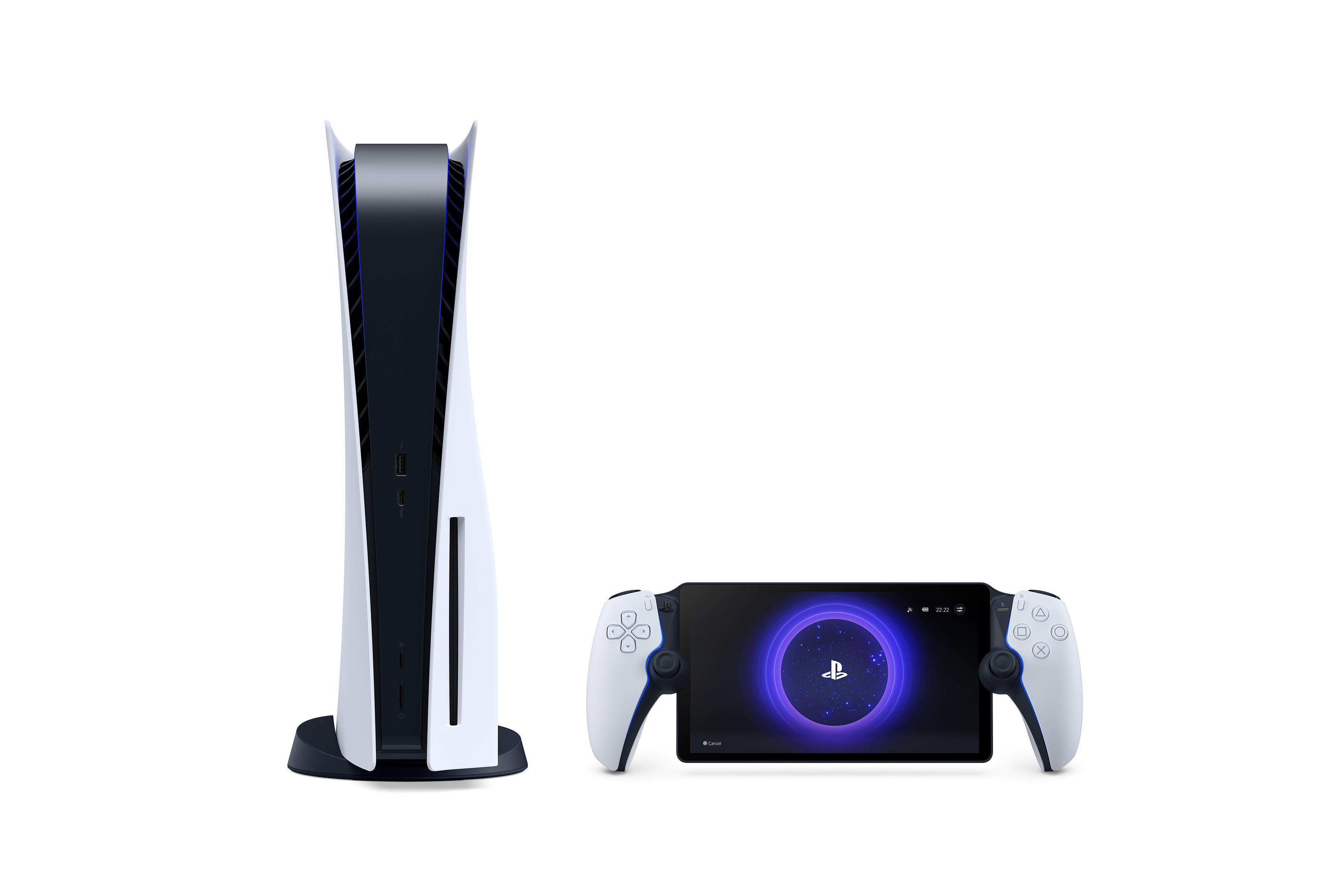 PlayStation 5 Konsole und ein tragbarer Controller mit Bildschirm.