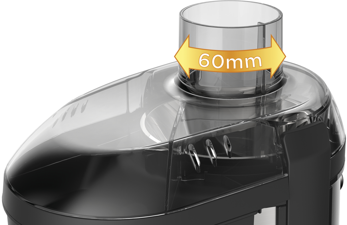 Gros plan d'un extracteur de jus noir avec un dessus transparent, montrant l'ouverture de 60 mm.