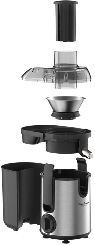 Pièces détachées d'une centrifugeuse : dessus noir, récipient transparent, tamis métallique, base noire et boîtier moteur argenté.