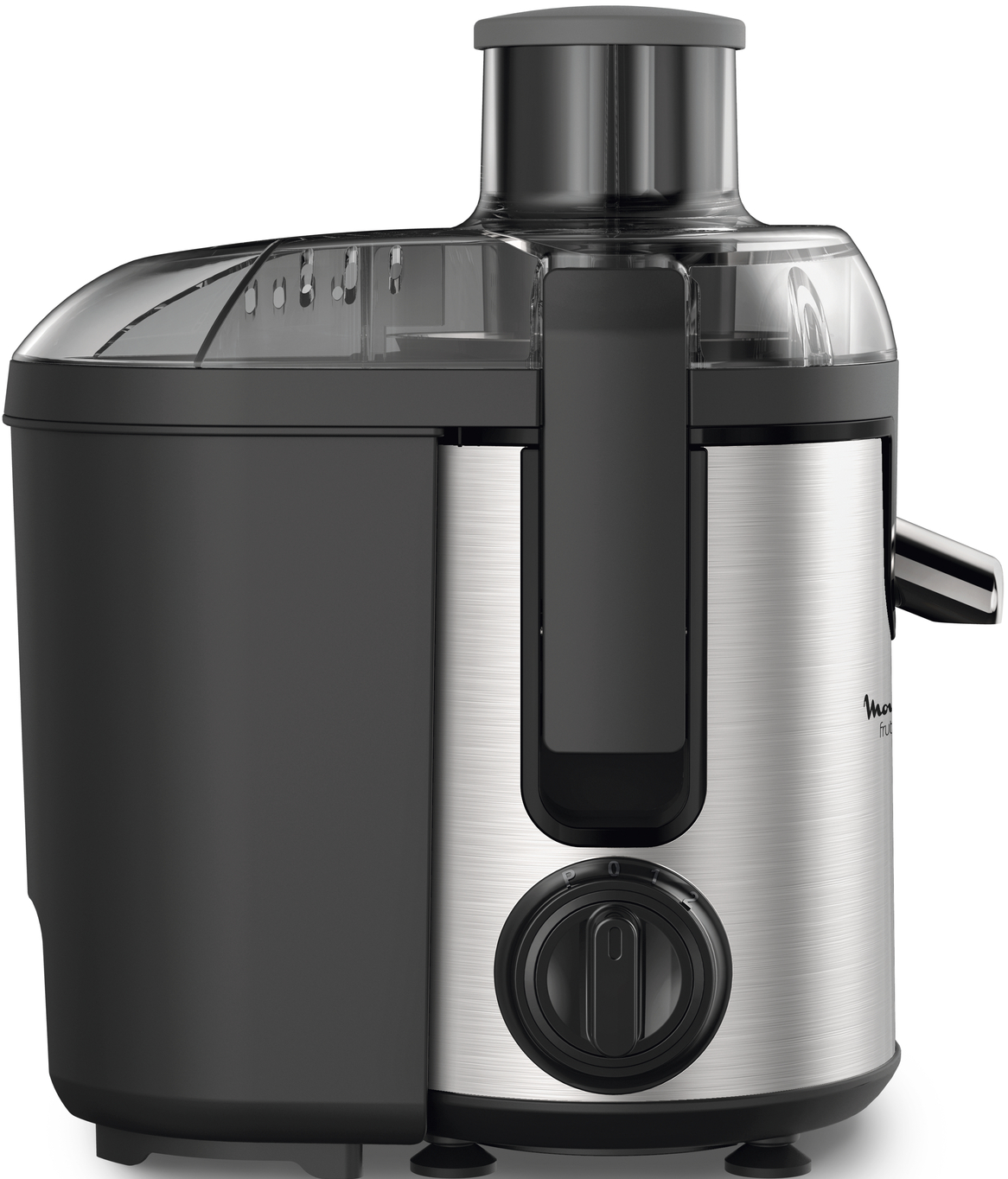 Extracteur de jus avec un design argenté et noir. Il a un couvercle transparent.