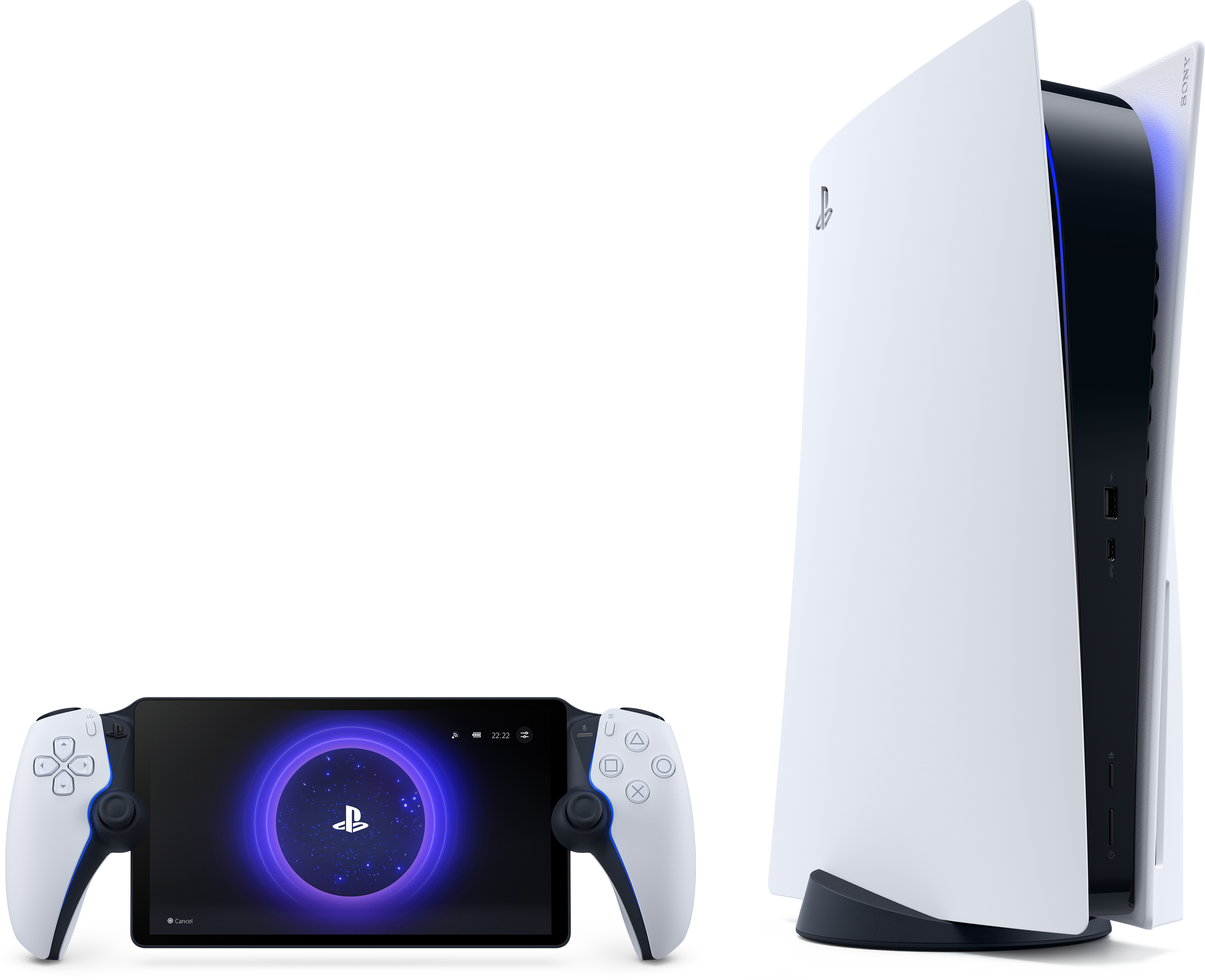 PlayStation 5 Konsole und passender Controller, vor dunklem Hintergrund.