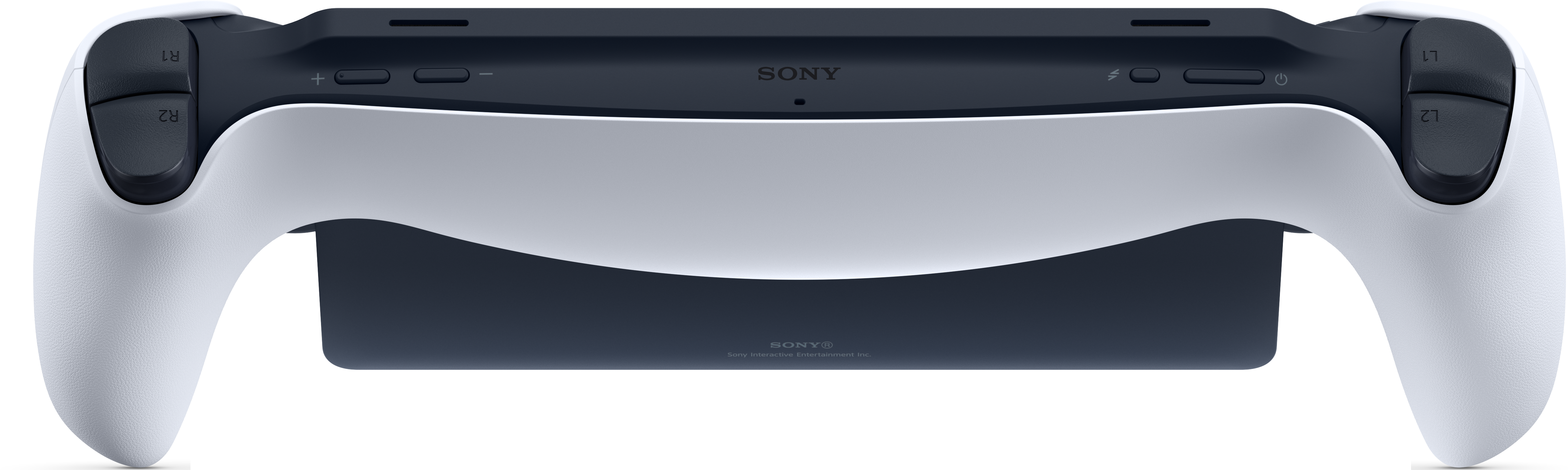 Ein PlayStation 5-Controller, von hinten betrachtet. Es ist weiß und schwarz.