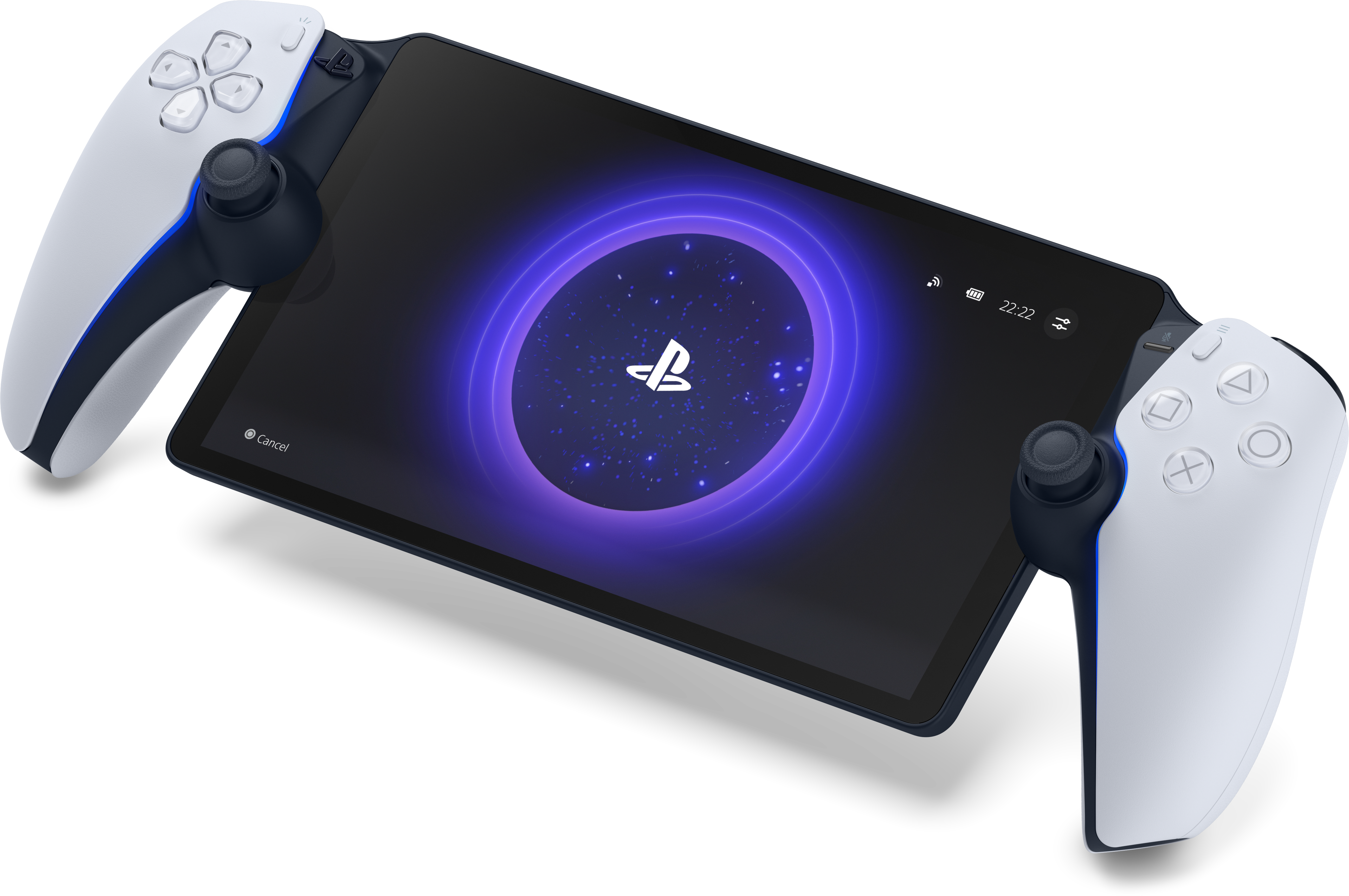 Ein Tablet mit PlayStation-Oberfläche, verbunden mit zwei weißen und schwarzen Controllern.