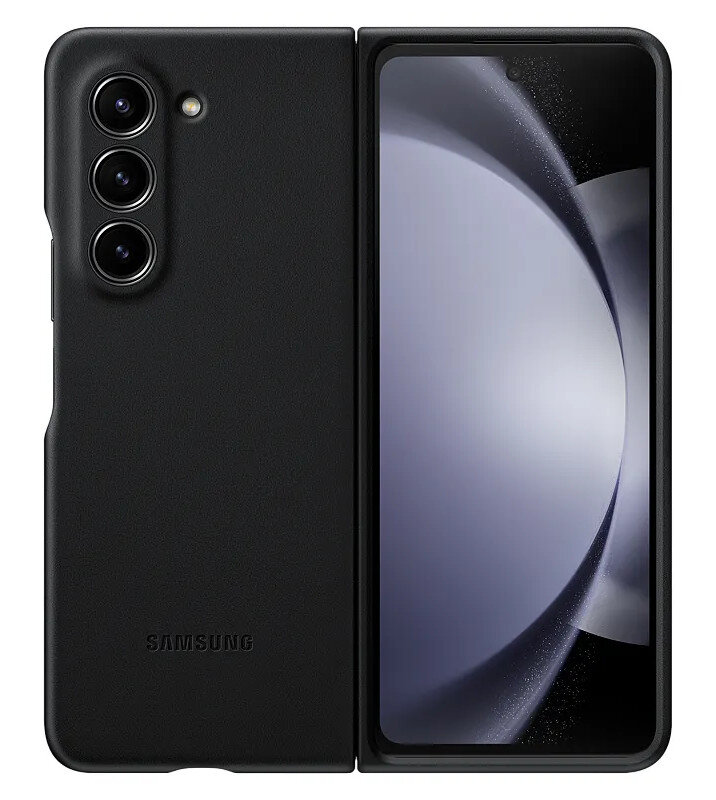 Czarne etui na telefon Samsung Galaxy Z Fold, złożone i rozłożone.