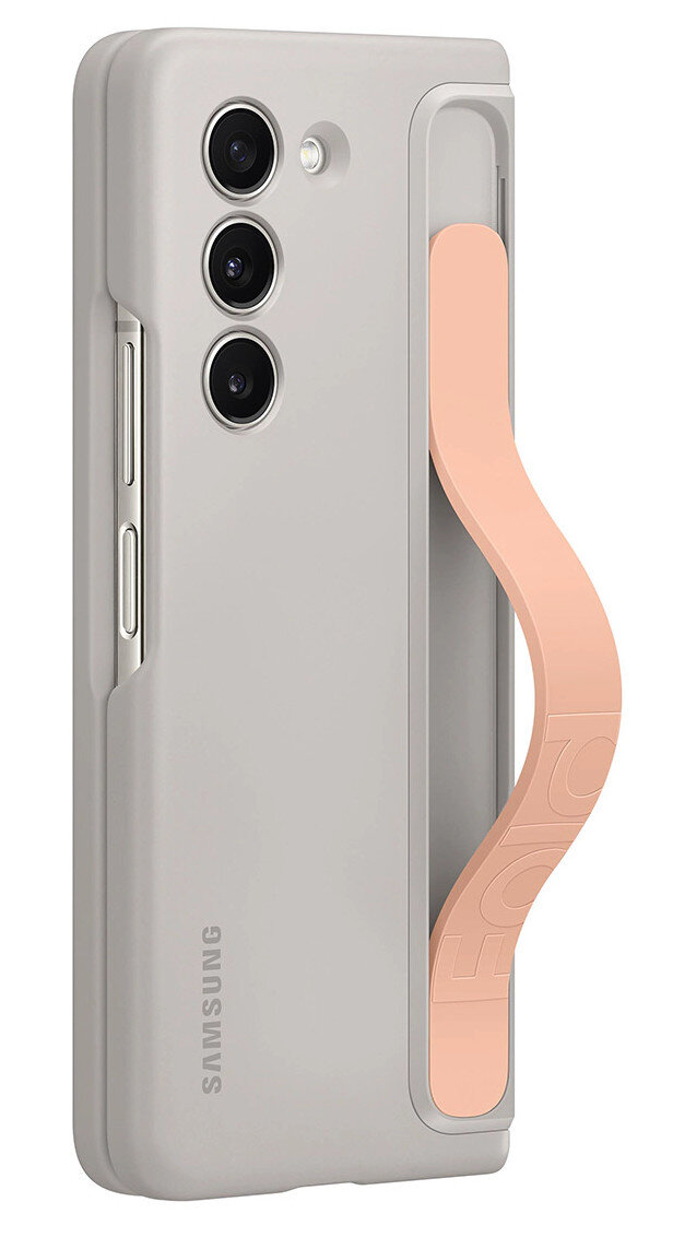 Składane etui na telefon. Jasnoszary kolor. Różowy uchwyt z boku. Logo Samsung.