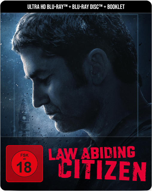 DVD-Cover: Profil eines Mannes, Stadt-Hintergrund. Text: 'LAW ABIDING CITIZEN', FSK 18.