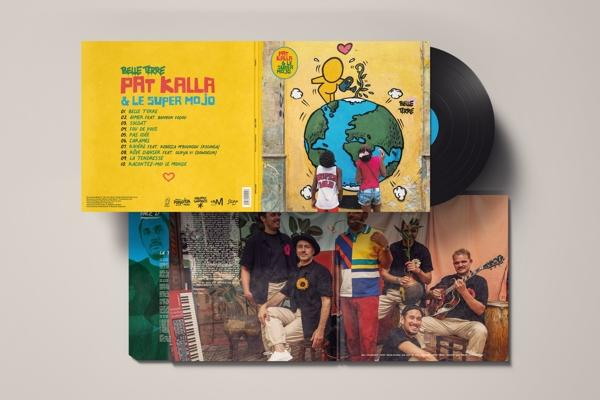 Albumcover mit Bandfoto und Schallplatte.