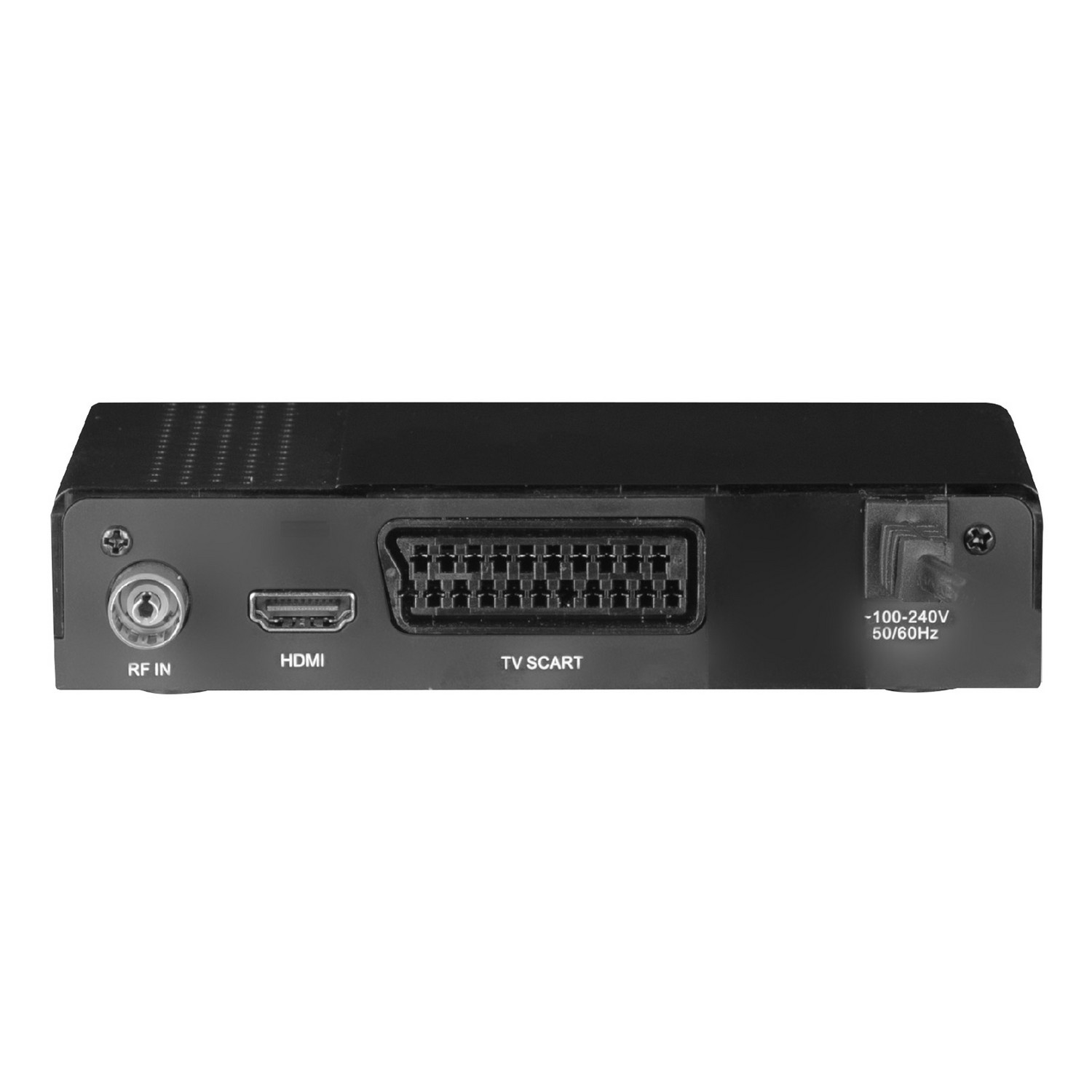 Appareil noir avec ports: RF IN, HDMI, TV SCART et entrée d'alimentation.