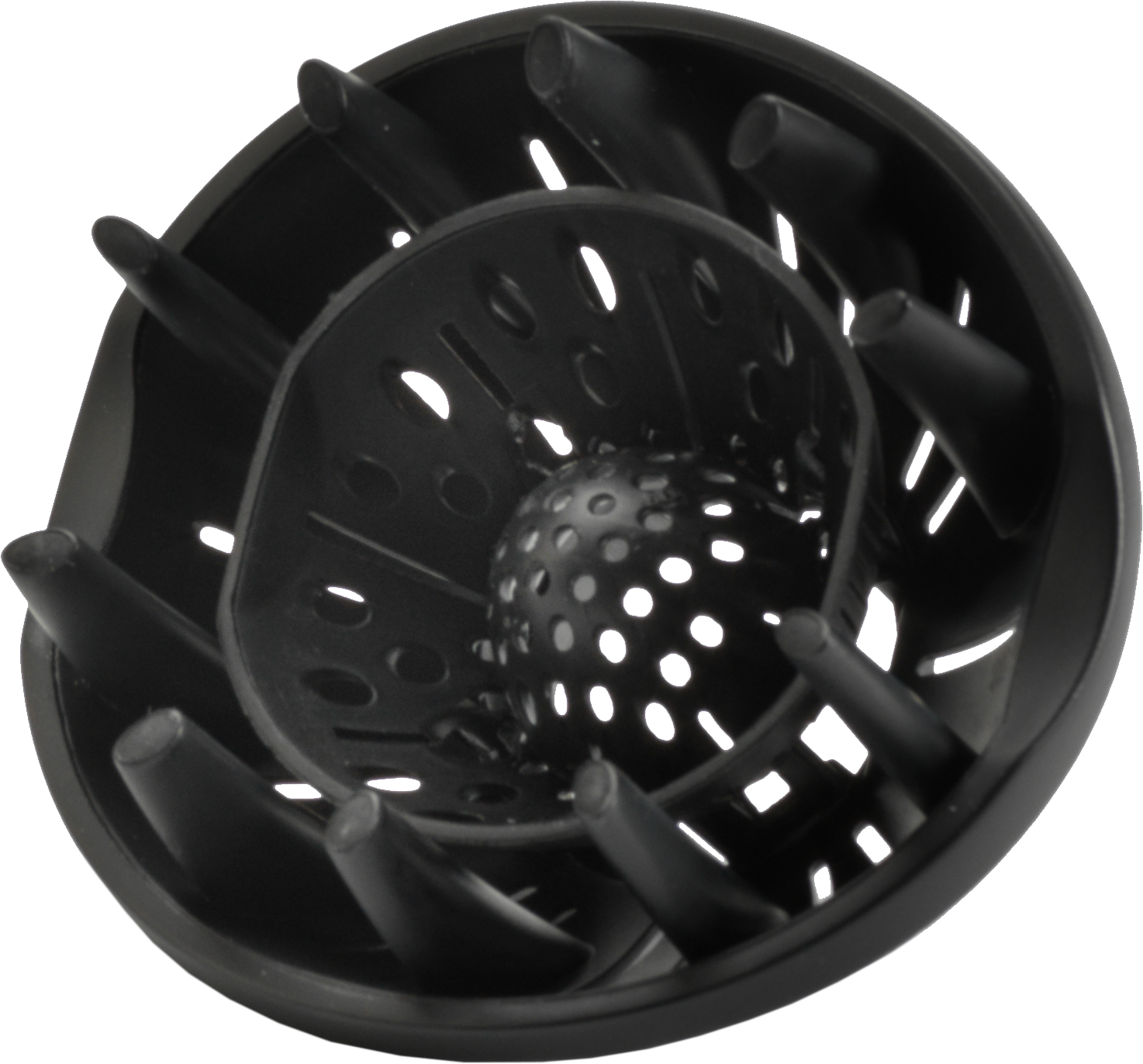 Diffusore per asciugacapelli nero con punte e una sfera centrale perforata.