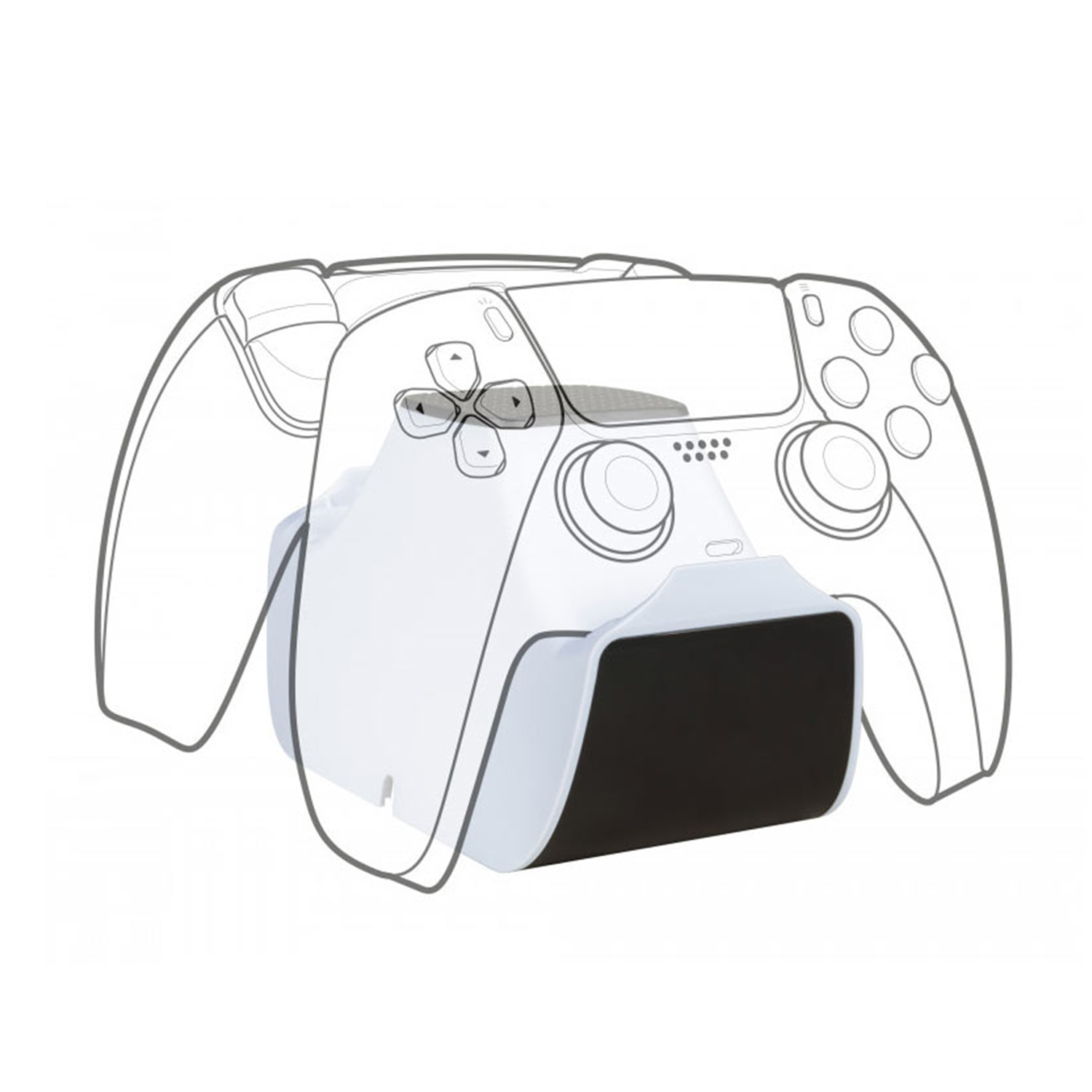 Disegno a linea di una stazione di ricarica per controller PS5 bianca. I contorni mostrano la forma del controller.