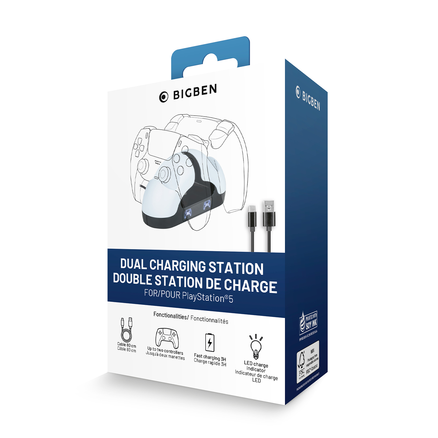 Scatola della stazione di ricarica doppia per controller PlayStation 5. Include illustrazioni di caricatore e cavo.