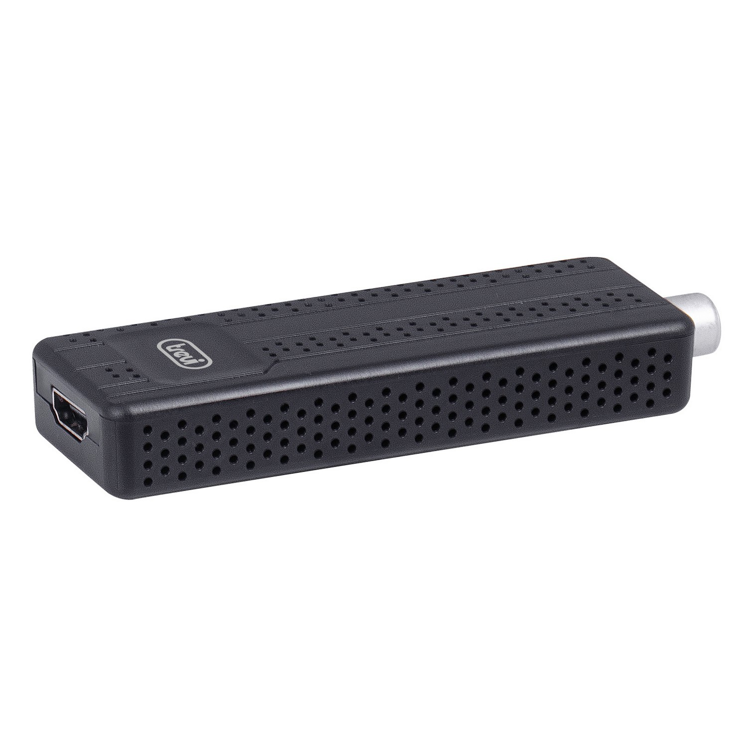 Black rectangular device with perforated sides and a single silver port.
