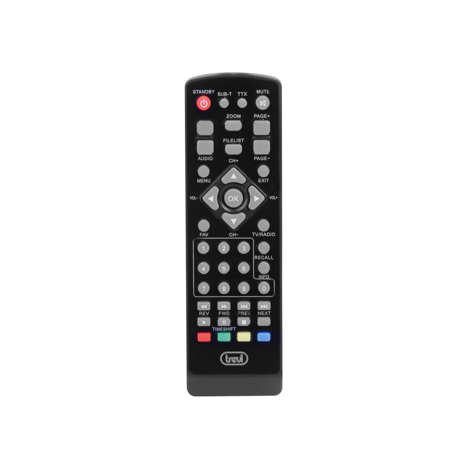 A black Trevi remote control. Features various buttons for TV functions.