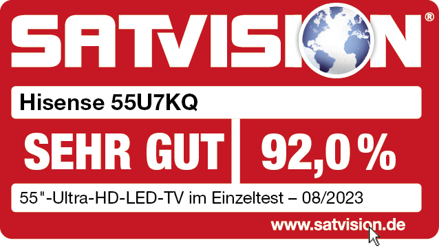 SATVISION Bewertung: Hisense 55U7KQ, 'SEHR GUT' 92,0 %, roter Hintergrund, weißer Text.