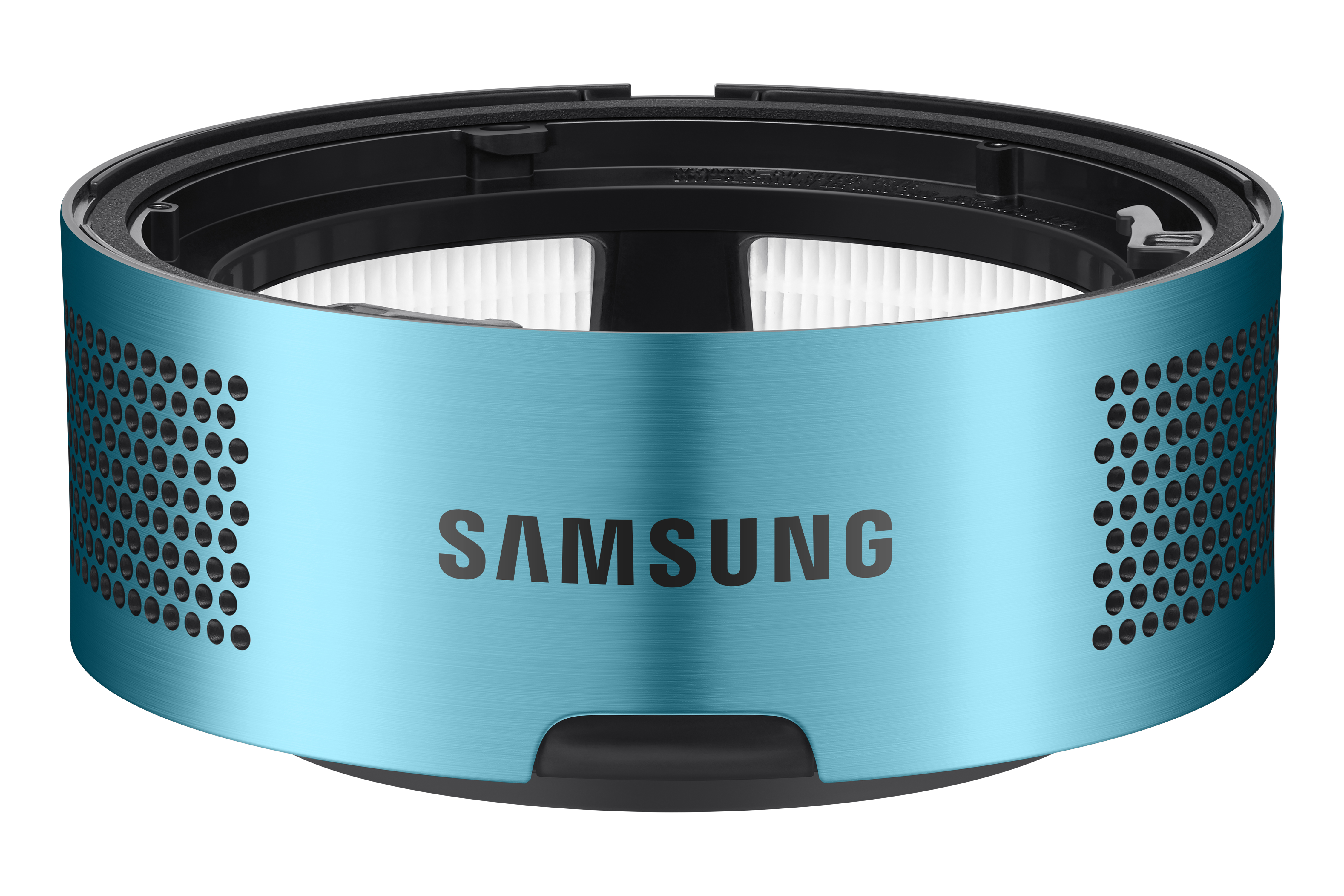 Un filtro de aspiradora Samsung, en azul claro, con diseño de malla y el logotipo de Samsung.