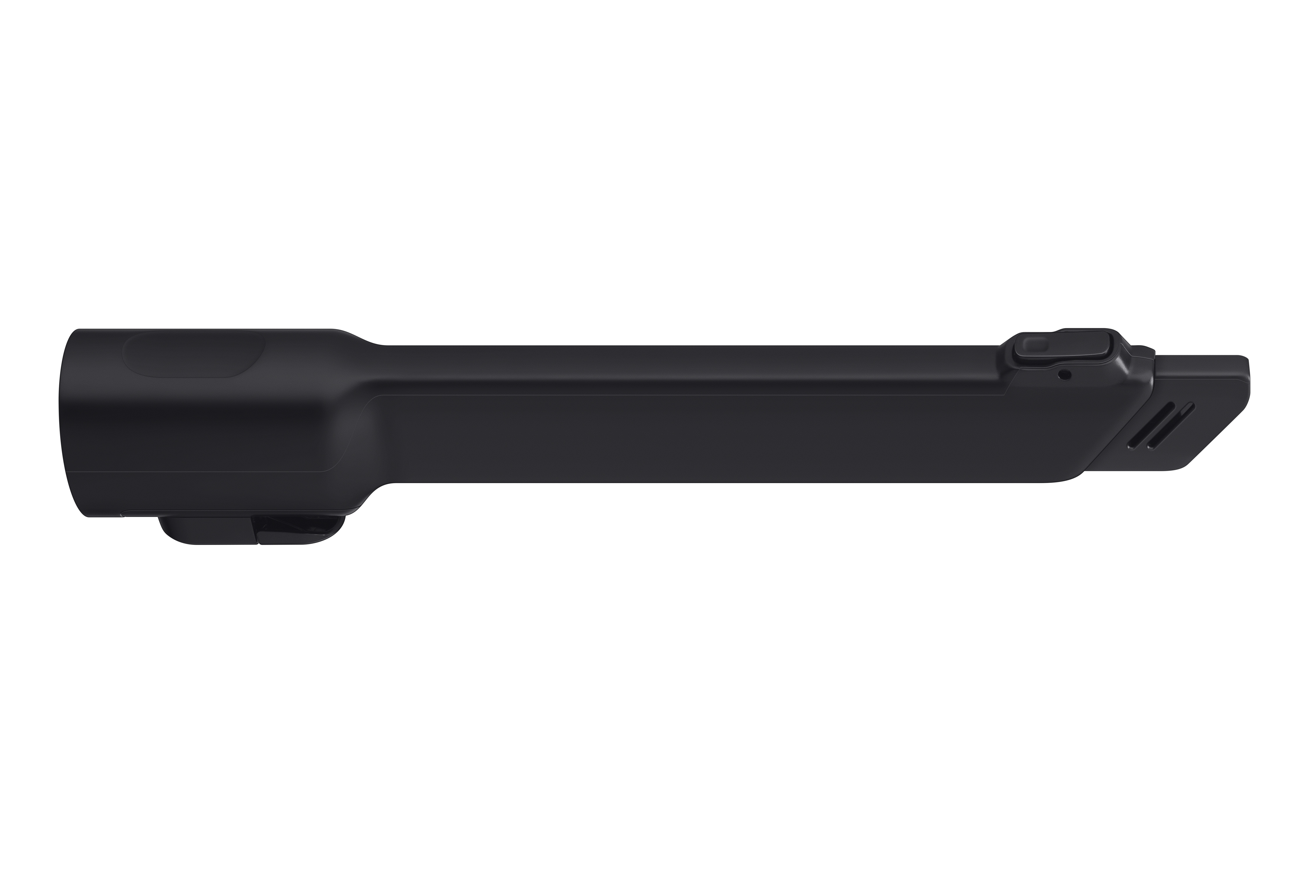 Un accesorio de aspiradora negro, aislado sobre un fondo blanco.